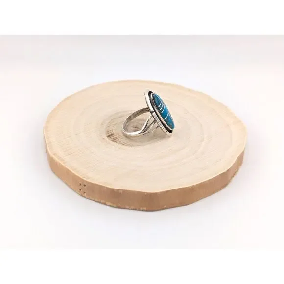 Navajo Ring Inlay Kingman Turquoise Tri-Cut Border Sterling‎ Sz 9.5**